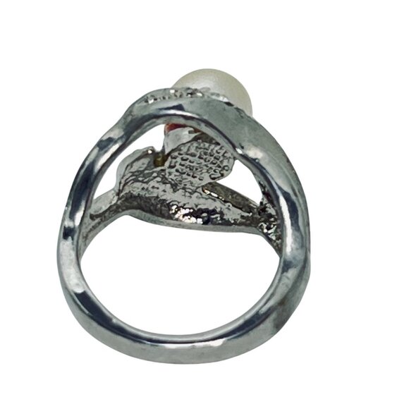 Silver Tone Statement Ring W/Faux Pearl And Rhinestone Accents Size 4.75 (R446) - Picture 7 of 7